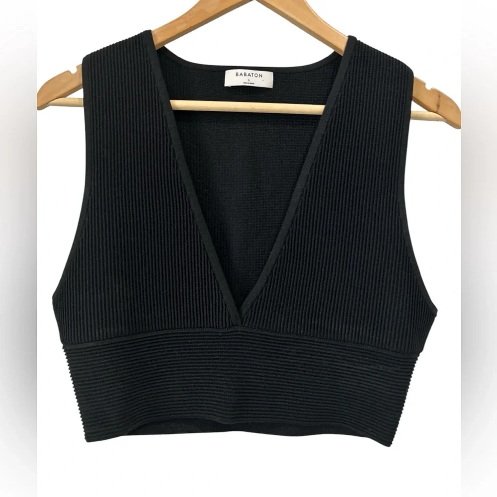 NWOT Aritzia Babaton Sculpt Knit Deep V-Neck Minimalist Crop Tank in Black - L - Picture 2 of 8